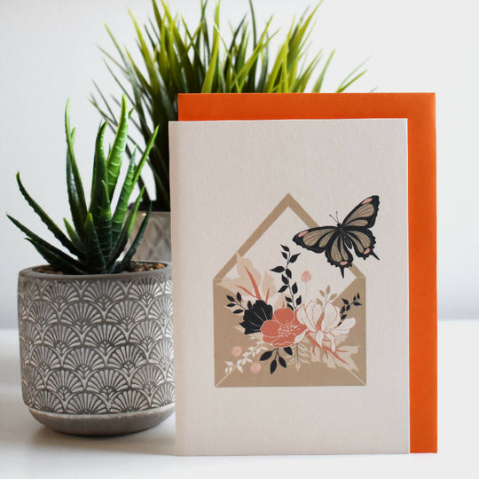 Butterfly and Flowers Greeting Card in Orange