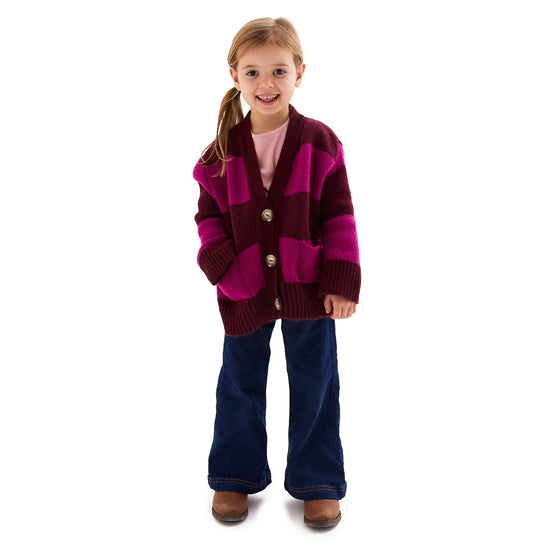 Kids Candice Chunky Stripe Cardigan - Burgundy & Fuchsia Pink