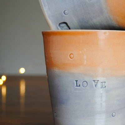 Small Stoneware Tumbler with 'Joy', 'Love' or 'Peace' Engraving in Purple and Orange