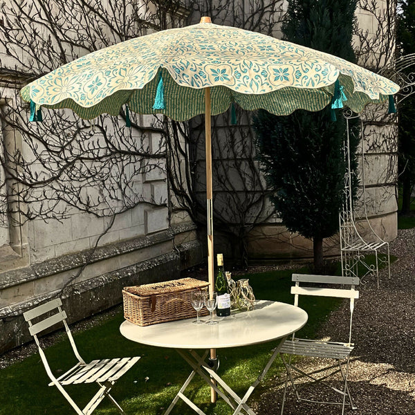 teal and cream fringed tasseled outdoor garden parasol