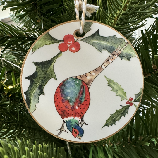 Pecking Pheasant Wooden Hanging Christmas Decoration