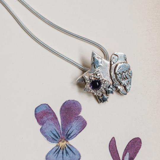 Silver Owl and Star Necklace with Amethyst