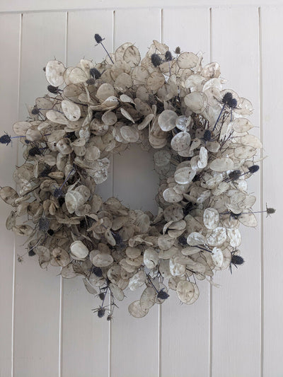 Lunaria Wreath with a Hint of Blue Thistle