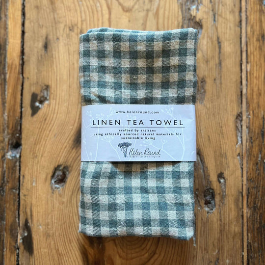 Sea Green Check Linen Tea Towel