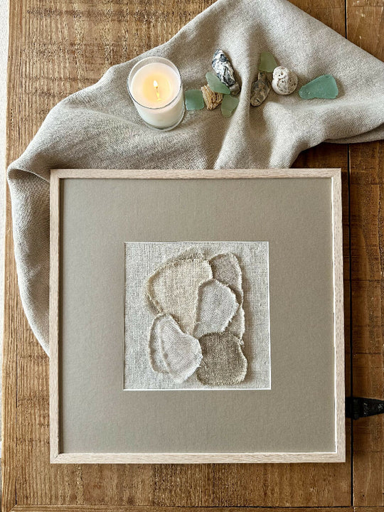 Sea Glass Textile Art Study Framed Stone IV