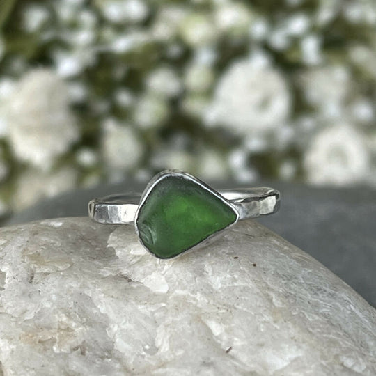 Handmade recycled sterling silver emerald green sea glass ring