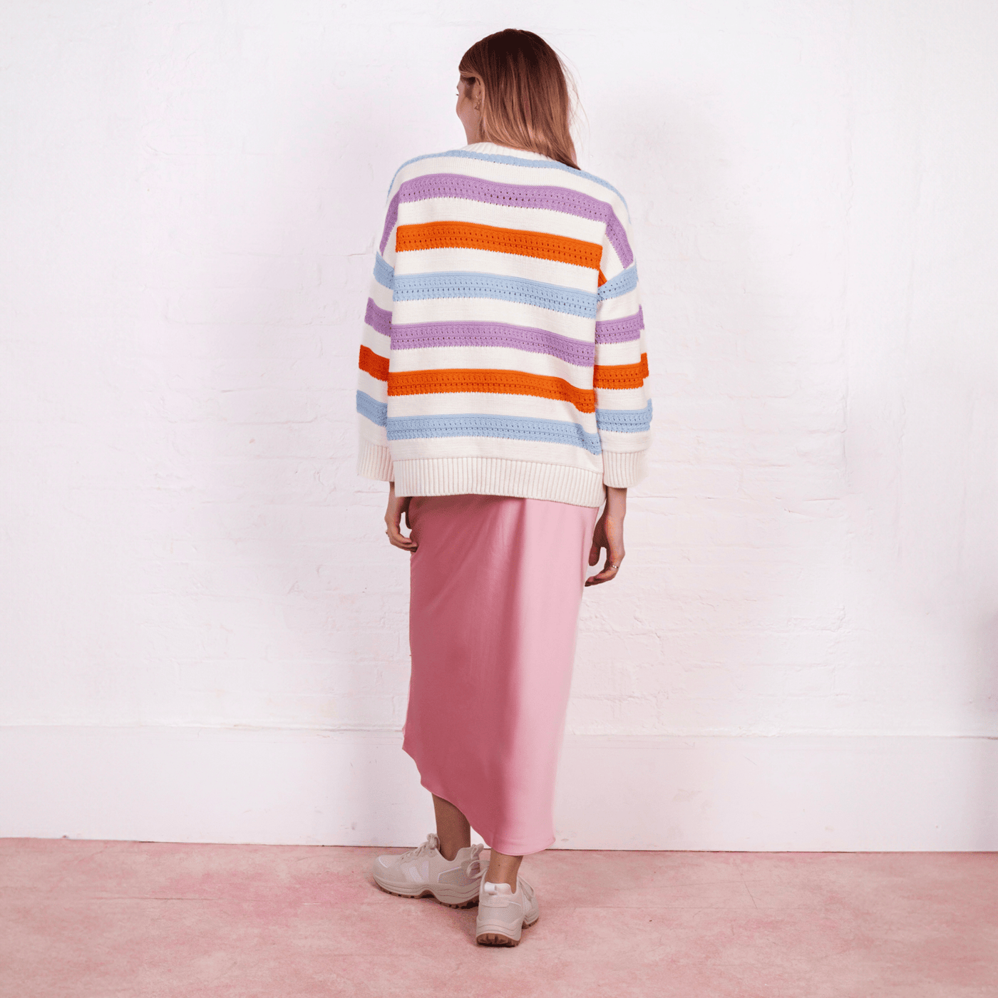 Lauren Rainbow Crochet Stripe Recycled Cotton Blend Jumper - White - Cara & The Sky