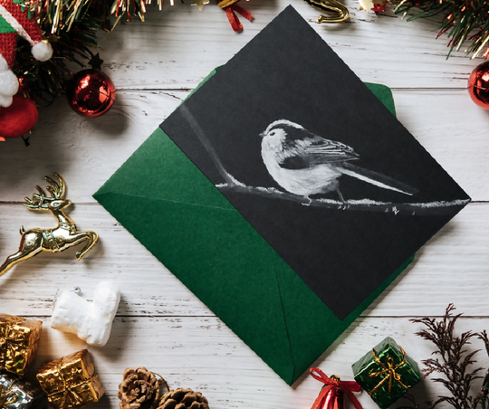 Long-tailed tit winter greetings card/Christmas card, A6 size, black and white
