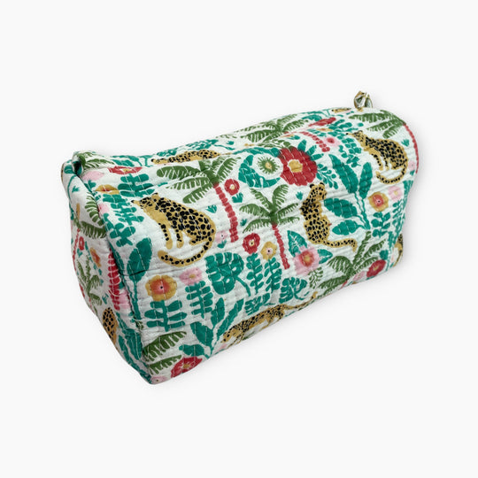 Little Leopard Cotton Washbag, Make Up Bag, Pencil Case with Waterproof Lining - Little Leopards Print in Greens