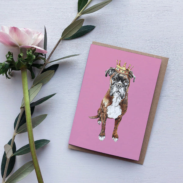 Watercolour Boxer Dog Crown Birthday Card