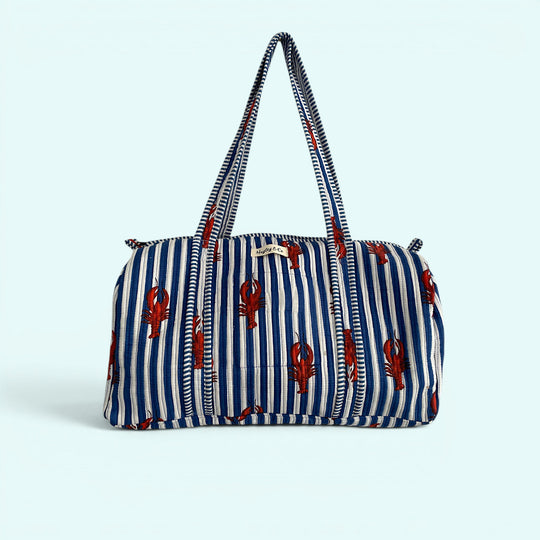Lobster Print Cotton Quilted Weekend Duffle Bag in Blue and White