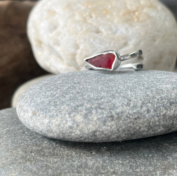 Sterling Silver Red Sea Glass Adjustable Ring