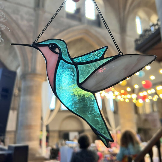 Stained Glass Hummingbird in teal and pink