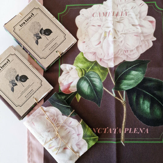 Camellia Print Cotton Tea Towel in Pink and Brown