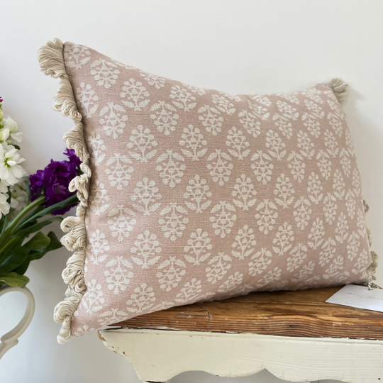 Oblong fan edge cushion in Dusky Pink Sprig cotton by Susie Watson Designs