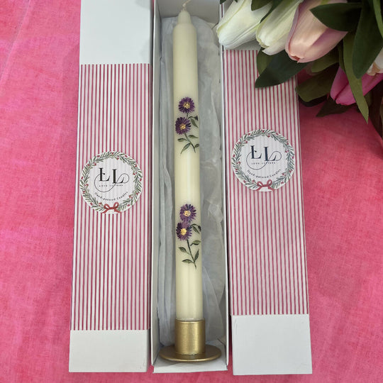 September Birth Flower Candle - Hand Painted Aster Candle with Gold Coloured Metal Holder