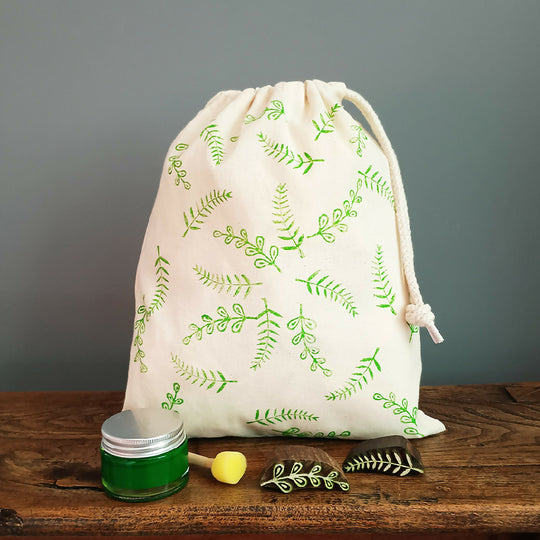 Botanical drawstring bag wood block printing kit