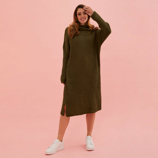 Joey Roll Neck Midi Dress - Khaki