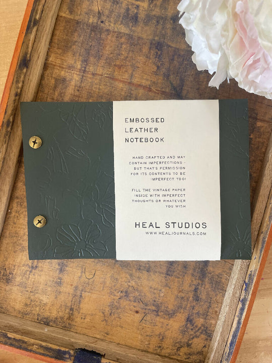 Embossed Dark Green Coloured Leather A6 Notebook with Metal Fastenings