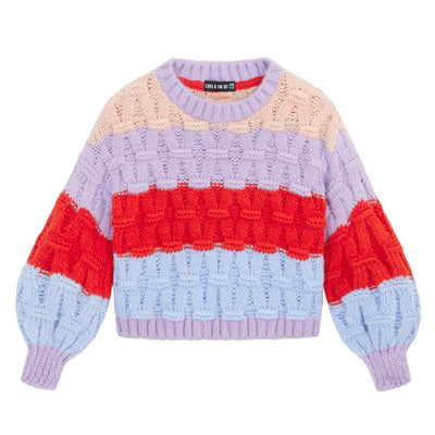 Mandy Kids Criss-Cross Stitch Balloon Sleeve Stripe Jumper
