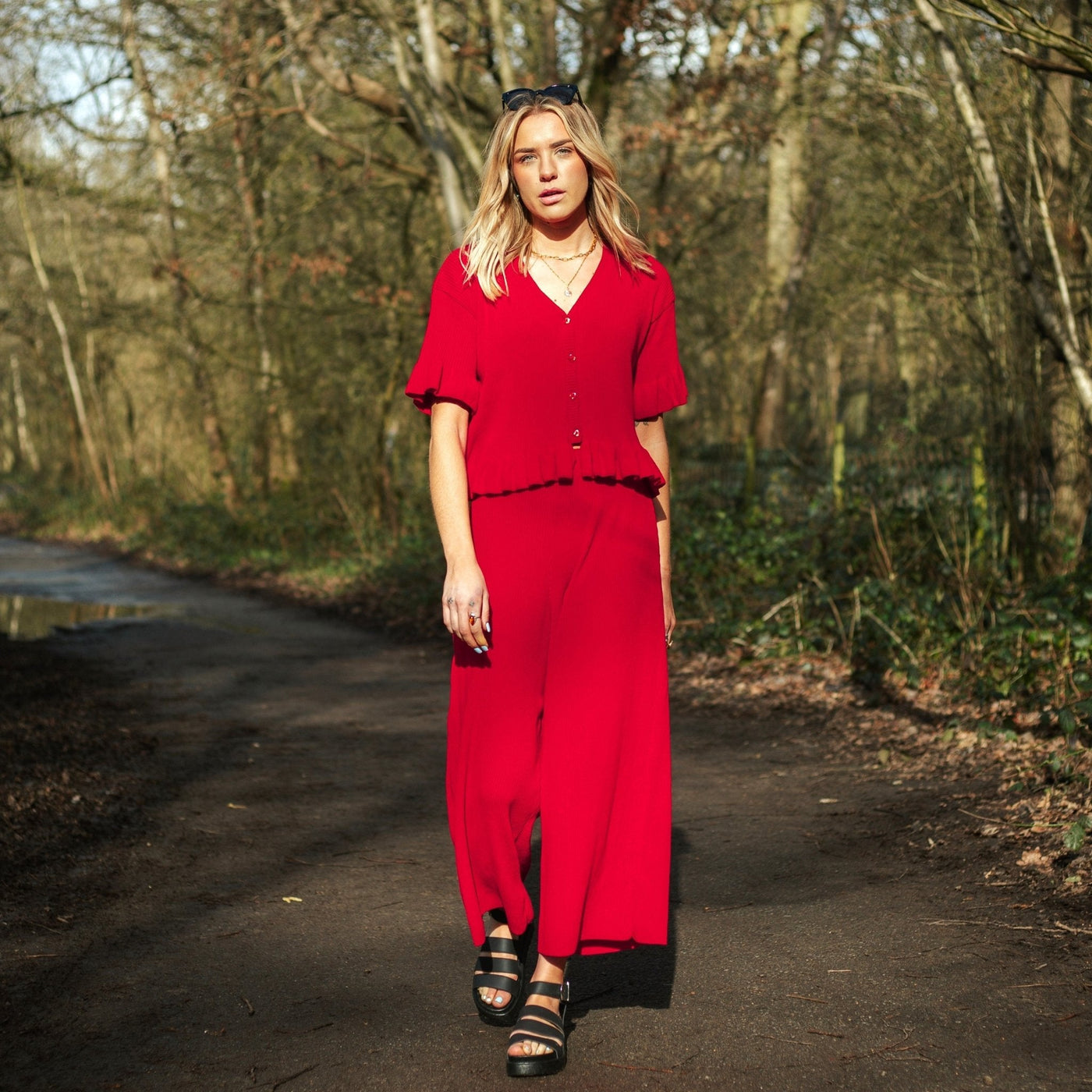 Martha Wide Leg Knitted Trousers Co-Ord - Red