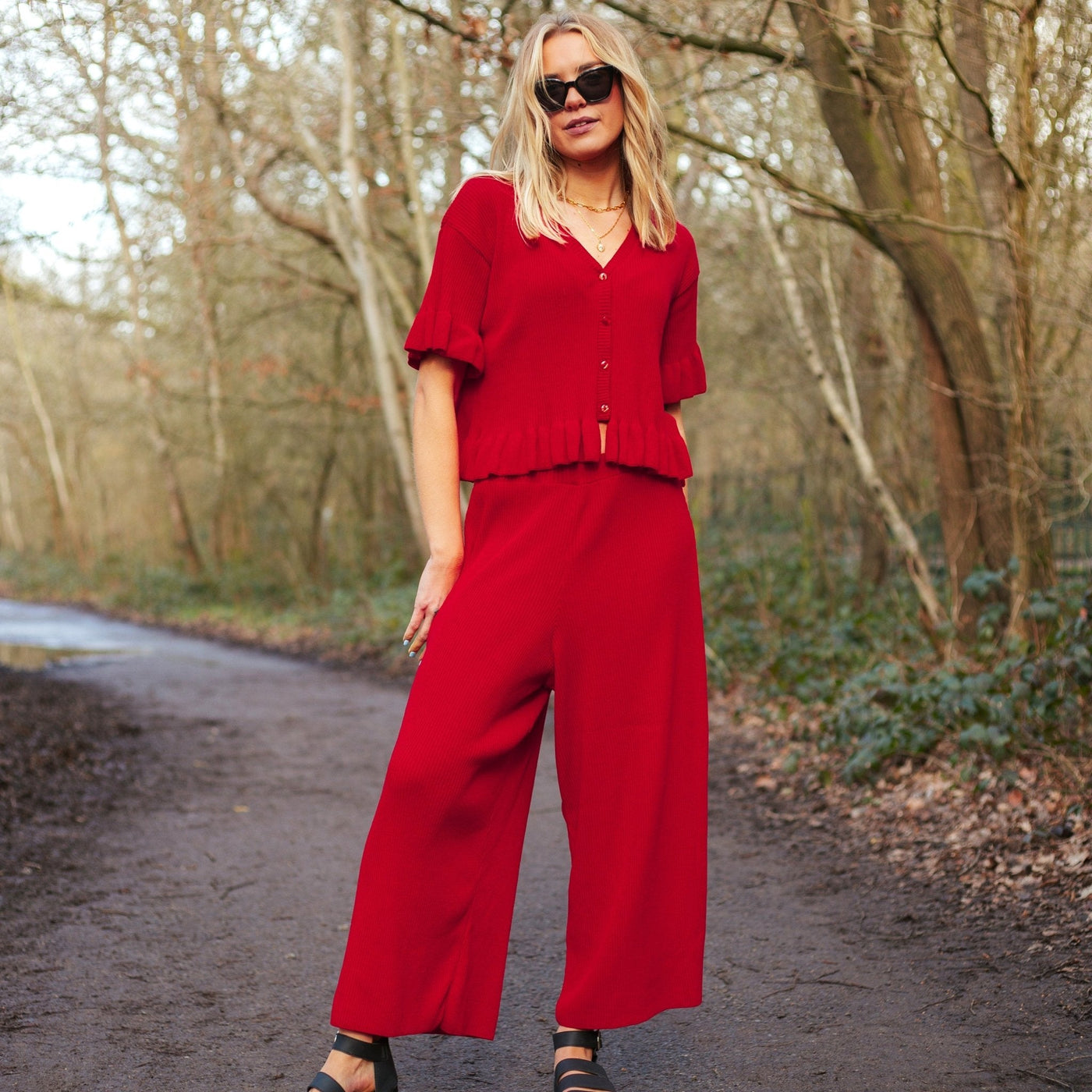 Martha Wide Leg Knitted Trousers Co-Ord - Red