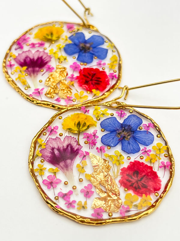 Medium statement earrings with colourful flowers