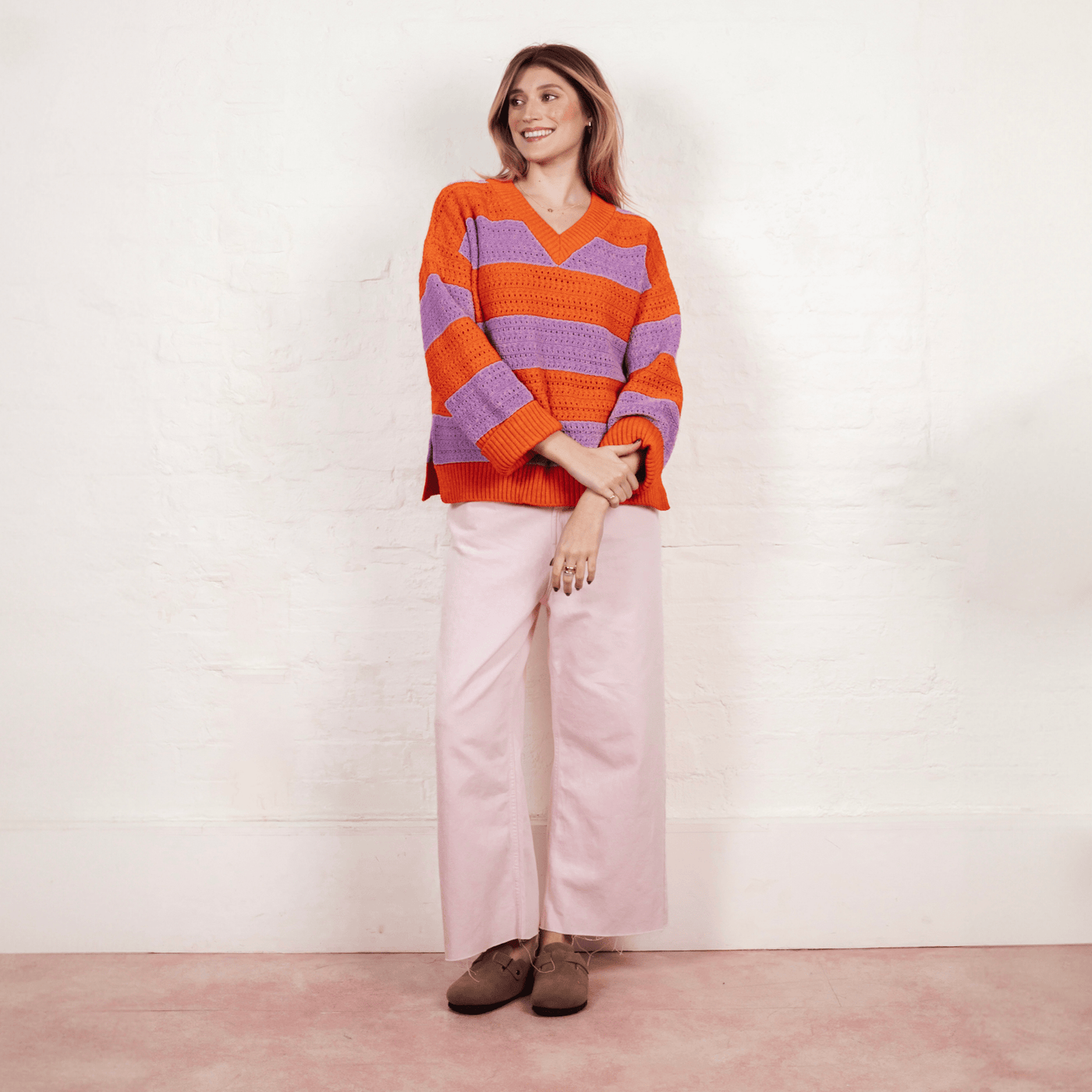 Millie Crochet Stripe V Neck Cotton Blend Jumper - Orange - Cara & The Sky