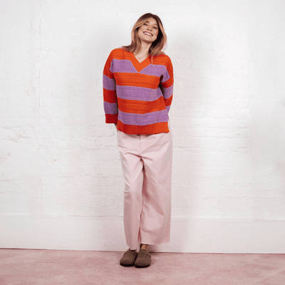 Millie Crochet Stripe V Neck Cotton Blend Jumper - Orange - Cara & The Sky