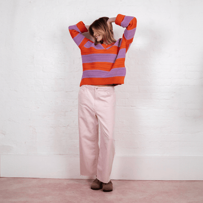 Millie Crochet Stripe V Neck Cotton Blend Jumper - Orange - Cara & The Sky