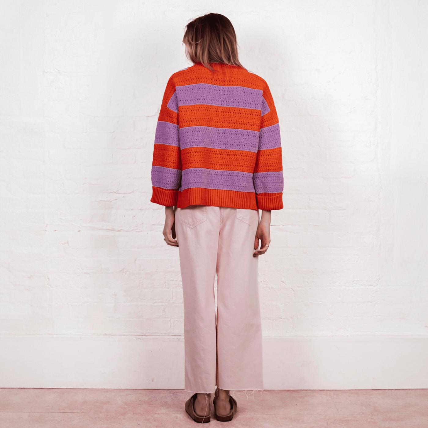 Millie Crochet Stripe V Neck Cotton Blend Jumper - Orange - Cara & The Sky