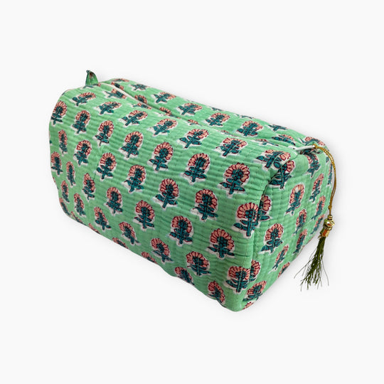 Block Printed Cotton Washbag, Make Up Bag, Pencil Case with Waterproof Lining - Mint Green Floral