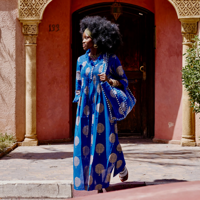 Cotton Annabel Maxi Dress in Marrakesh Blue & Gold