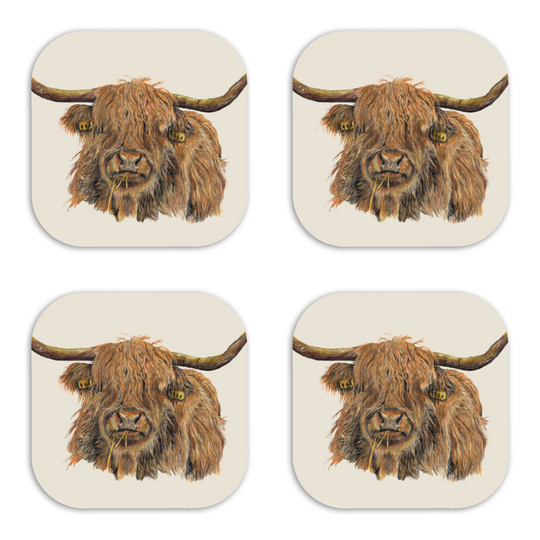 Highland Cow Wooden Coasters – Set of 4 | Hand-Drawn Wildlife Artwork