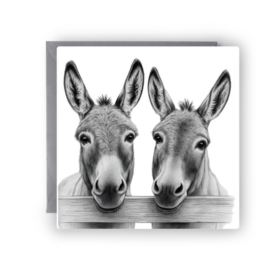 A Charming View: Two Donkeys Over a Wooden Gate Hand-Drawn Art Card