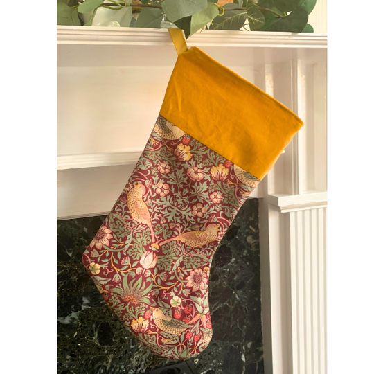 Christmas Stocking Full Velvet – William Morris Strawberry Thief, Burgundy & Gold