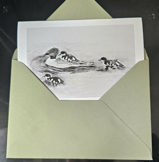 Goosander family greetings card, A6 size, black and white