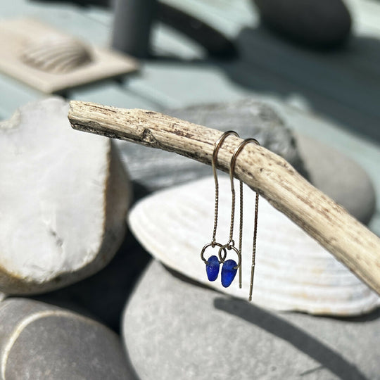 Blue Seaglass 9ct Gold Dangly Earrings