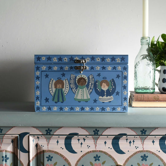 Blue Folk Art Decorative Angel Keepsake Box