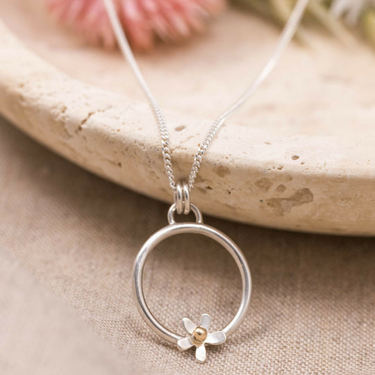 Silver Daisy Hoop Pendant Necklace