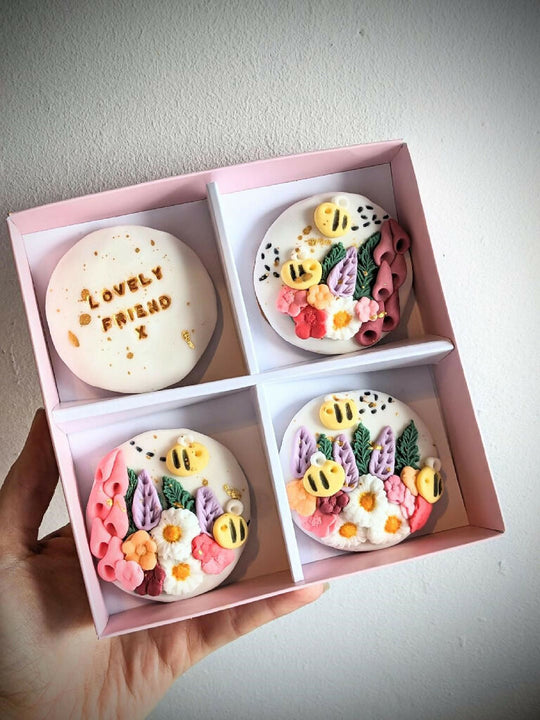 Box of 4 Hand Iced Personalised Bumblebee Meadow Flower Biscuits