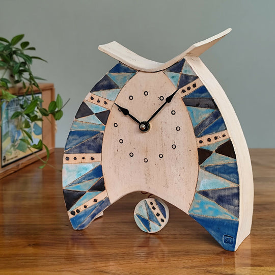 Pottery Mantel Clock Triangle Pattern In Shades Of Blue