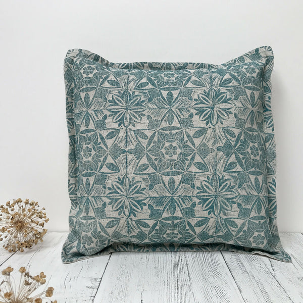 HAND PRINTED ORGANIC COTTON CUSHION - TEAL BLUE ASTA