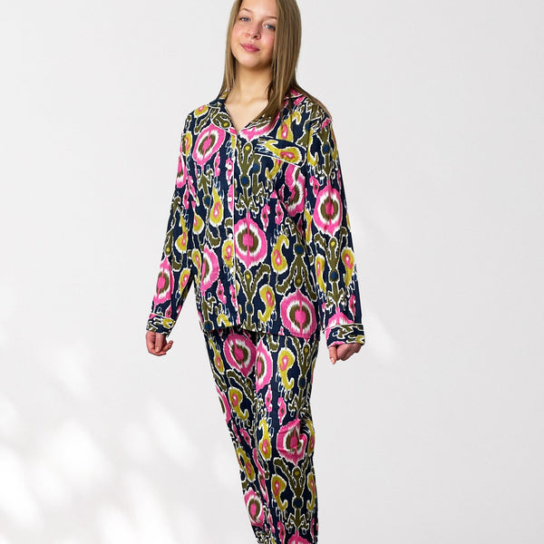 Ikat Print Cotton Long Pyjama Set in Navy Blue and Pink