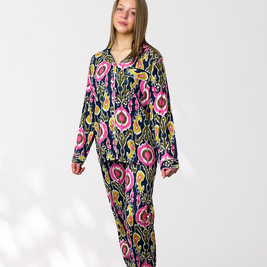 Ikat Print Cotton Long Pyjama Set in Navy Blue and Pink