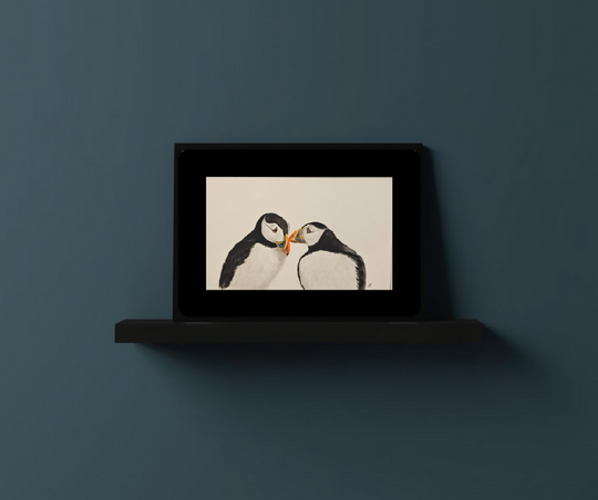 Puffin Valentine's gift set, original mounted sketch to fit A5 frame and matching A6 size card