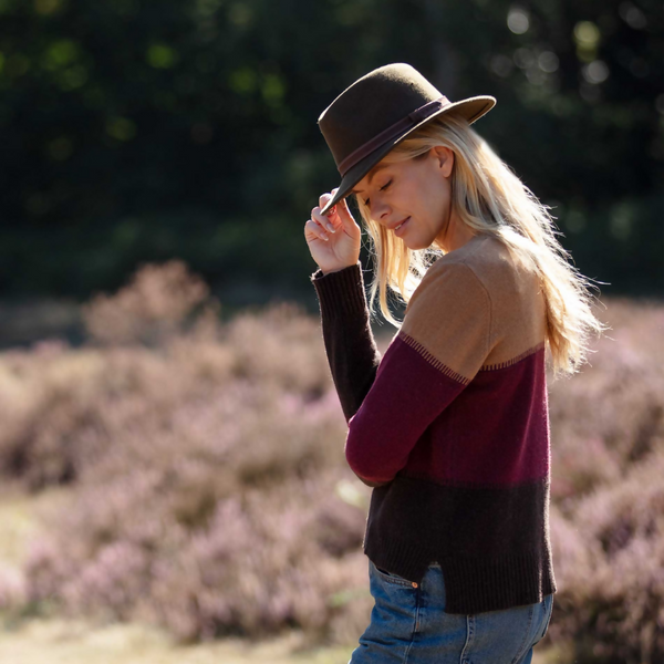 Cashmere Mix Sweater In Caramel, Claret & Chocolate Stripe