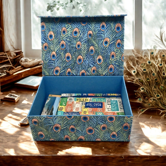 Handmade William Morris Peacock Memory Box | Fabric Keepsake Organiser