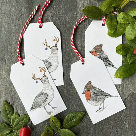 Festive Gull and Bobble Robin Hand-Finished Christmas Gift Tags - Set of 4