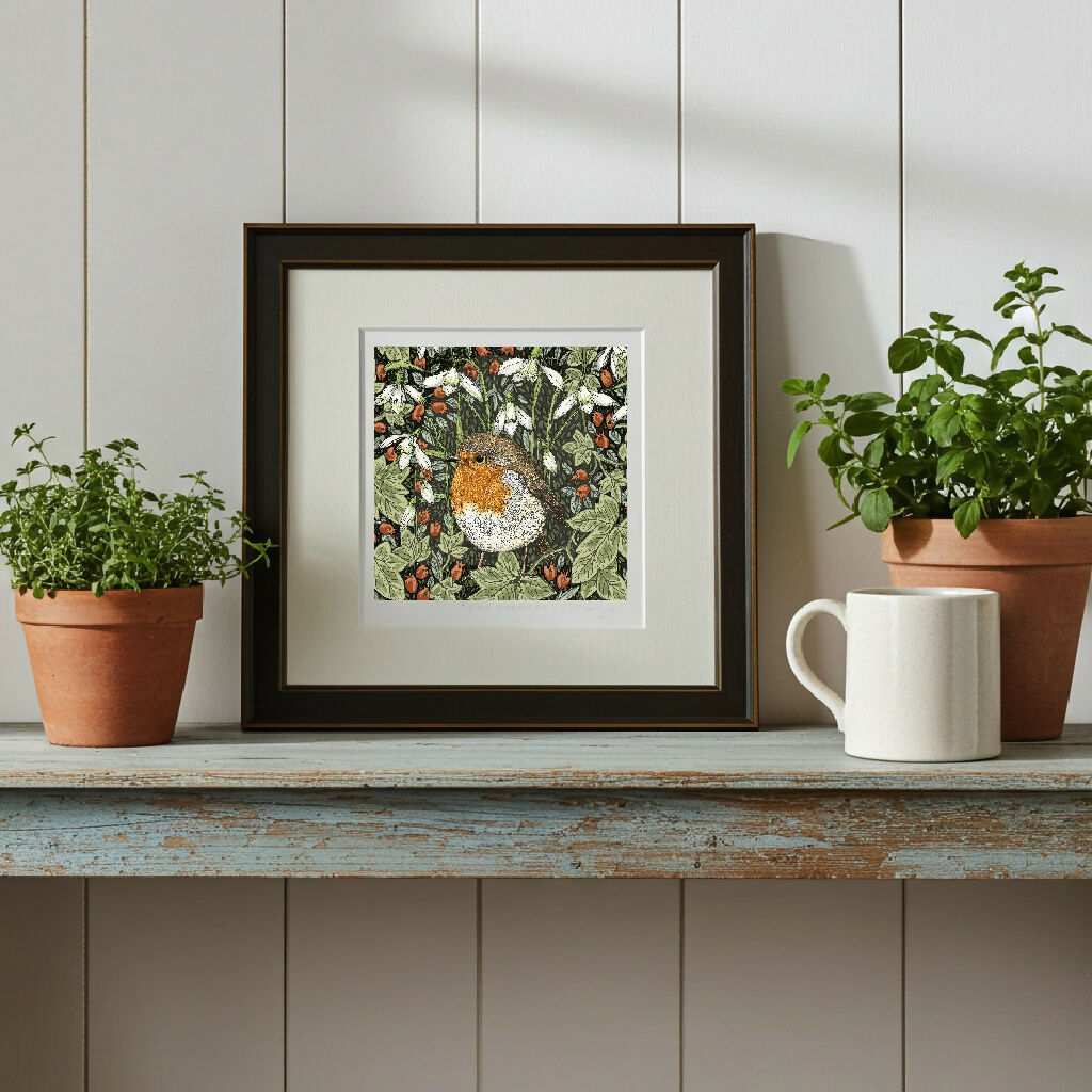 Robin and Snowdrop Signed and Mounted Giclée Art Print